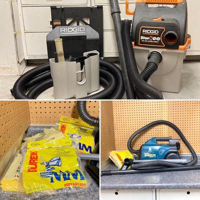 LOT 66U: Ridgid Stor N Go Vacuum Model WD5500 0, Eureka Powerline Mightymite Vacuum Model 3673 and Vacuum Bags