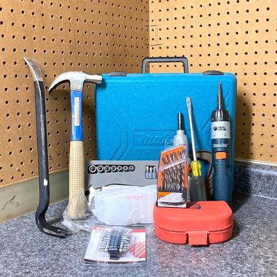 LOT 67U: Makita Drill Model 6095D with Charger, Cordless Screwdrivers, Drill Bits, Hammer, Pry Bar and More