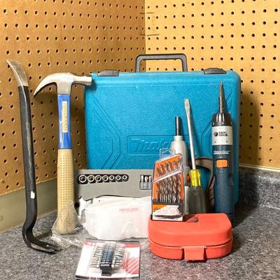 LOT 67U: Makita Drill Model 6095D with Charger, Cordless Screwdrivers, Drill Bits, Hammer, Pry Bar and More