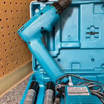 LOT 67U: Makita Drill Model 6095D with Charger, Cordless Screwdrivers, Drill Bits, Hammer, Pry Bar and More