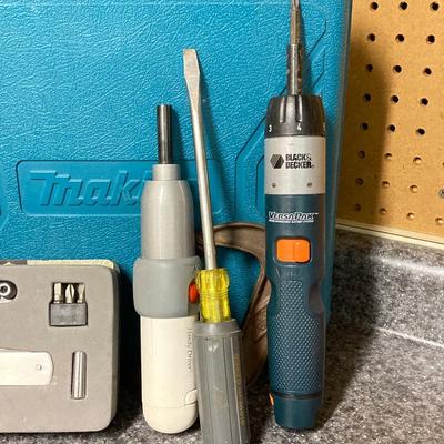 LOT 67U: Makita Drill Model 6095D with Charger, Cordless Screwdrivers, Drill Bits, Hammer, Pry Bar and More