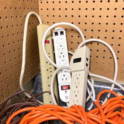 LOT 68G: Electric Power / Extension Cords and Strips, Plastic Crates and 5 Gallon Buckets