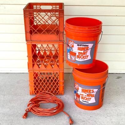 LOT 68G: Electric Power / Extension Cords and Strips, Plastic Crates and 5 Gallon Buckets