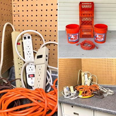LOT 68G: Electric Power / Extension Cords and Strips, Plastic Crates and 5 Gallon Buckets