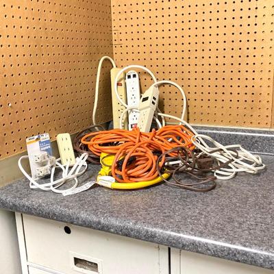 LOT 68G: Electric Power / Extension Cords and Strips, Plastic Crates and 5 Gallon Buckets