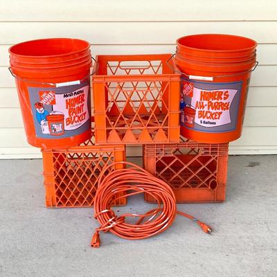 LOT 68G: Electric Power / Extension Cords and Strips, Plastic Crates and 5 Gallon Buckets