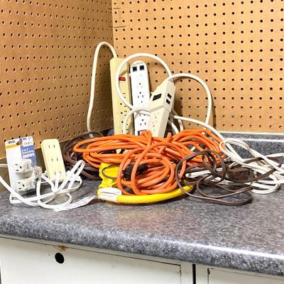 LOT 68G: Electric Power / Extension Cords and Strips, Plastic Crates and 5 Gallon Buckets