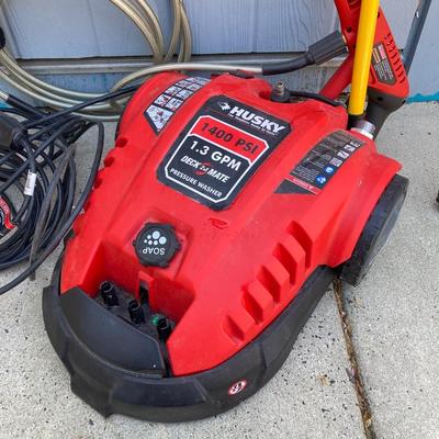 LOT 74G: Husky Deck Mate Pressure Washer HU80215, Husky Electric Power Cord and Pair of Telescopic Brushes /