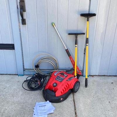 LOT 74G: Husky Deck Mate Pressure Washer HU80215, Husky Electric Power Cord and Pair of Telescopic Brushes /