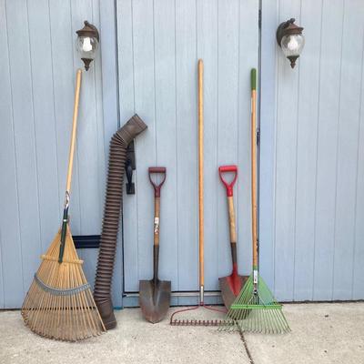 LOT 76G: Collection of Lawn and Garden Tools - Shovels, Rakes and Downspout Extender