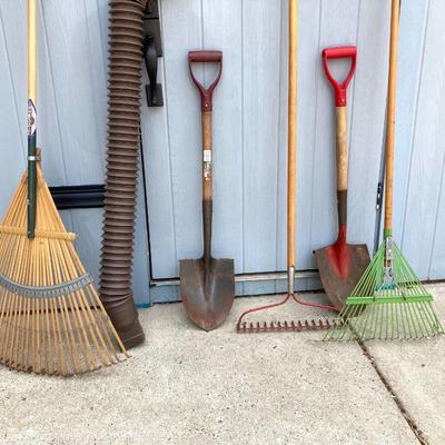 LOT 76G: Collection of Lawn and Garden Tools - Shovels, Rakes and Downspout Extender