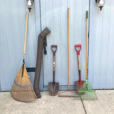 LOT 76G: Collection of Lawn and Garden Tools - Shovels, Rakes and Downspout Extender