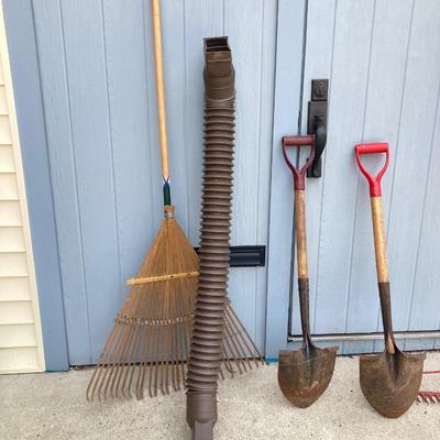 LOT 76G: Collection of Lawn and Garden Tools - Shovels, Rakes and Downspout Extender