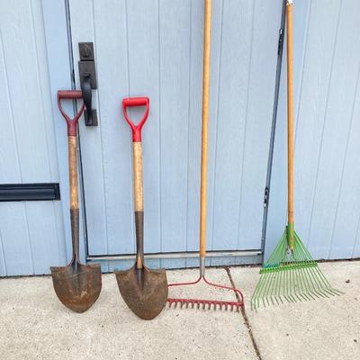 LOT 76G: Collection of Lawn and Garden Tools - Shovels, Rakes and Downspout Extender