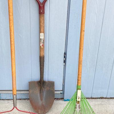 LOT 76G: Collection of Lawn and Garden Tools - Shovels, Rakes and Downspout Extender