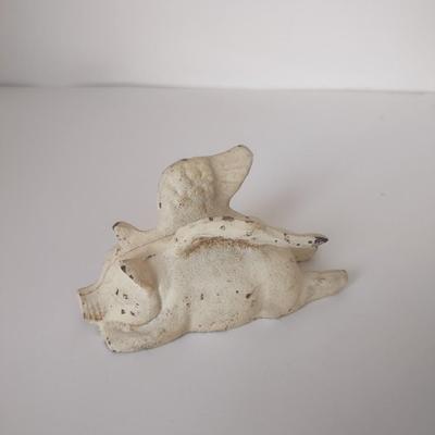 LOT 102K: Signed Wooden Mallard Ducks and Otter Paper Weights along with a Vintage Cast Iron Flying Pig