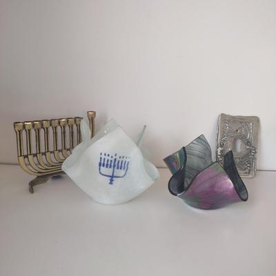 LOT 109K: Metal Menorah, Metal Lightswitch Faceplate and Vintage Tony Serviente Handkerchief Vases