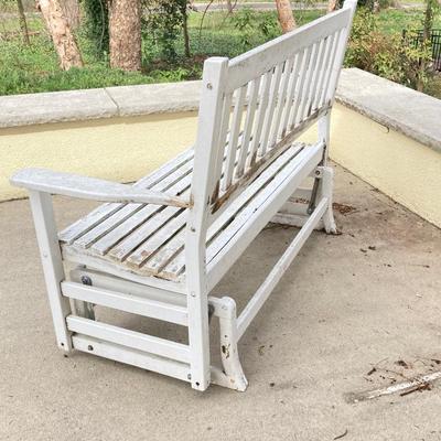 LOT 122Y: Outdoor Furniture - Wooden Rocking Chair, Gliding Bench, Small Table, Plant Stand with Planters