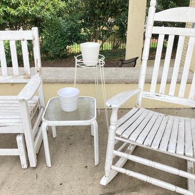 LOT 122Y: Outdoor Furniture - Wooden Rocking Chair, Gliding Bench, Small Table, Plant Stand with Planters