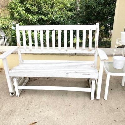 LOT 122Y: Outdoor Furniture - Wooden Rocking Chair, Gliding Bench, Small Table, Plant Stand with Planters