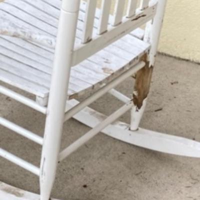 LOT 122Y: Outdoor Furniture - Wooden Rocking Chair, Gliding Bench, Small Table, Plant Stand with Planters