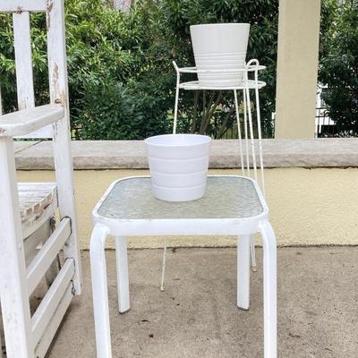 LOT 122Y: Outdoor Furniture - Wooden Rocking Chair, Gliding Bench, Small Table, Plant Stand with Planters