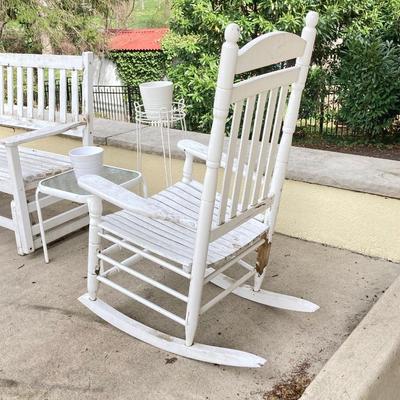 LOT 122Y: Outdoor Furniture - Wooden Rocking Chair, Gliding Bench, Small Table, Plant Stand with Planters