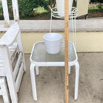 LOT 122Y: Outdoor Furniture - Wooden Rocking Chair, Gliding Bench, Small Table, Plant Stand with Planters