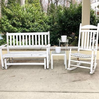 LOT 122Y: Outdoor Furniture - Wooden Rocking Chair, Gliding Bench, Small Table, Plant Stand with Planters
