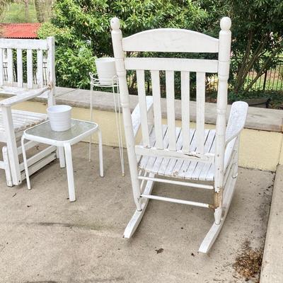 LOT 122Y: Outdoor Furniture - Wooden Rocking Chair, Gliding Bench, Small Table, Plant Stand with Planters
