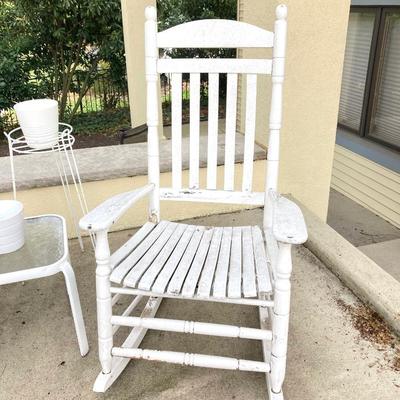 LOT 122Y: Outdoor Furniture - Wooden Rocking Chair, Gliding Bench, Small Table, Plant Stand with Planters