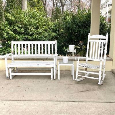 LOT 122Y: Outdoor Furniture - Wooden Rocking Chair, Gliding Bench, Small Table, Plant Stand with Planters