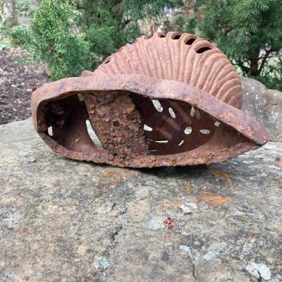 LOT 124G: Cast Iron Snail, Three Tier Folding Plant Stand and Concrete Sun Face Plaque