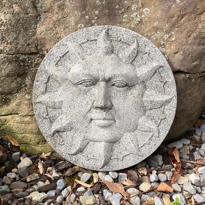 LOT 124G: Cast Iron Snail, Three Tier Folding Plant Stand and Concrete Sun Face Plaque