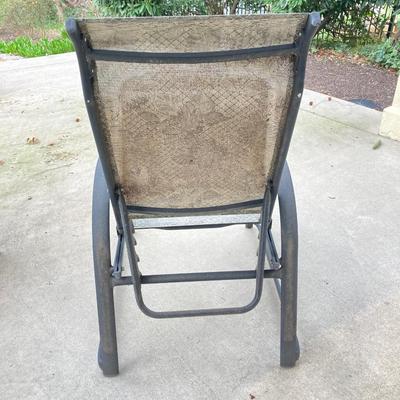 LOT 125Y: Patio Furniture Set - Six Folding Chairs, Small Table and Umbrella Stand