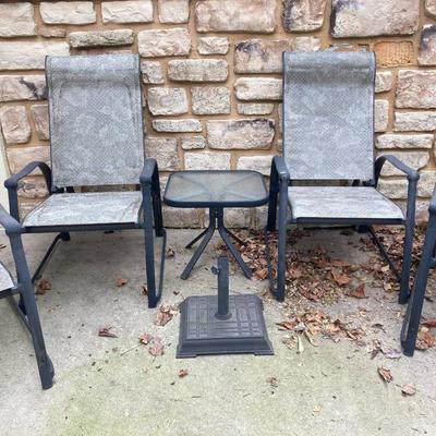LOT 125Y: Patio Furniture Set - Six Folding Chairs, Small Table and Umbrella Stand