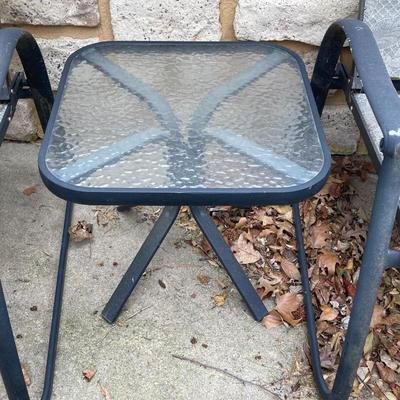 LOT 125Y: Patio Furniture Set - Six Folding Chairs, Small Table and Umbrella Stand