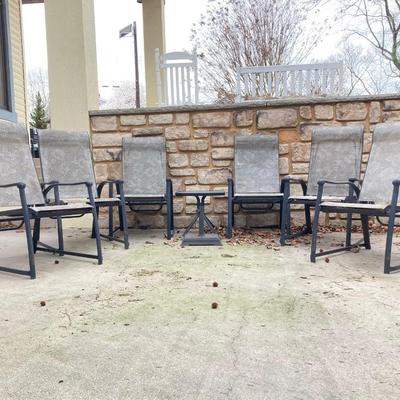 LOT 125Y: Patio Furniture Set - Six Folding Chairs, Small Table and Umbrella Stand