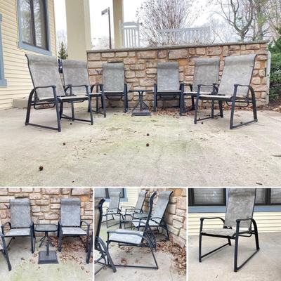 LOT 125Y: Patio Furniture Set - Six Folding Chairs, Small Table and Umbrella Stand