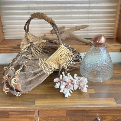 LOT 134X: Decorative Collection - Hand Crafted Wooden Basket, Coral, Driftwood and Copper Tone Handle Glass Bottle