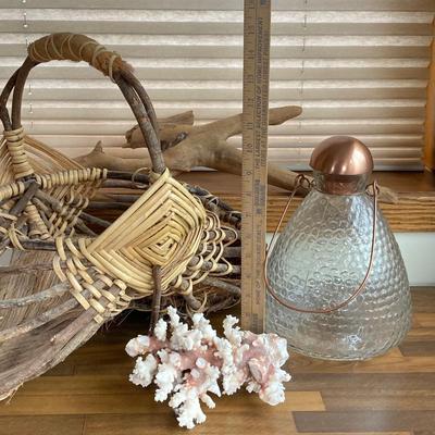 LOT 134X: Decorative Collection - Hand Crafted Wooden Basket, Coral, Driftwood and Copper Tone Handle Glass Bottle