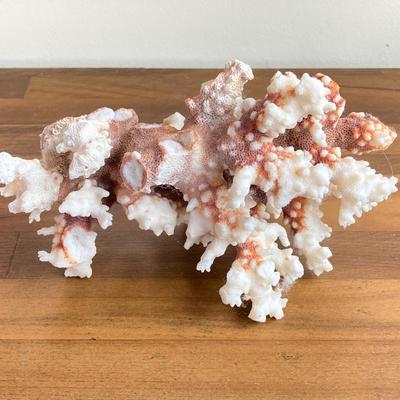 LOT 134X: Decorative Collection - Hand Crafted Wooden Basket, Coral, Driftwood and Copper Tone Handle Glass Bottle