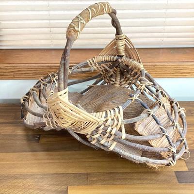 LOT 134X: Decorative Collection - Hand Crafted Wooden Basket, Coral, Driftwood and Copper Tone Handle Glass Bottle