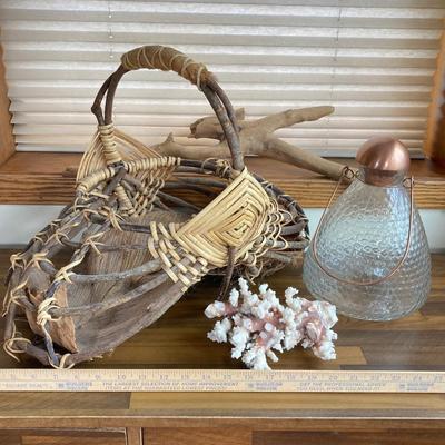LOT 134X: Decorative Collection - Hand Crafted Wooden Basket, Coral, Driftwood and Copper Tone Handle Glass Bottle