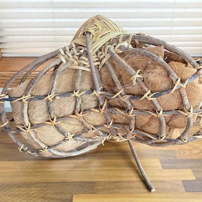 LOT 134X: Decorative Collection - Hand Crafted Wooden Basket, Coral, Driftwood and Copper Tone Handle Glass Bottle