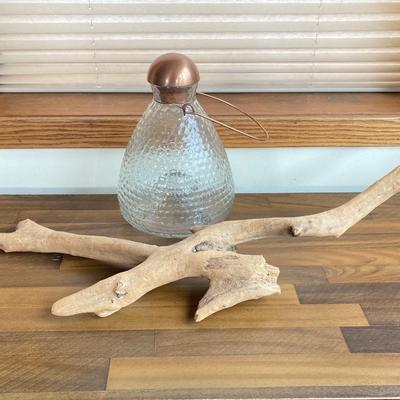 LOT 134X: Decorative Collection - Hand Crafted Wooden Basket, Coral, Driftwood and Copper Tone Handle Glass Bottle