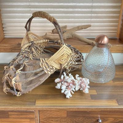 LOT 134X: Decorative Collection - Hand Crafted Wooden Basket, Coral, Driftwood and Copper Tone Handle Glass Bottle