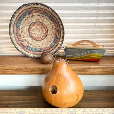 LOT 135X: Collection of Decorative Gourds, Boho Flat Baskets, Wall Art and Kakadu Hand Painted Wooden Scoop