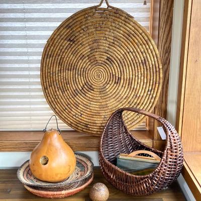 LOT 135X: Collection of Decorative Gourds, Boho Flat Baskets, Wall Art and Kakadu Hand Painted Wooden Scoop