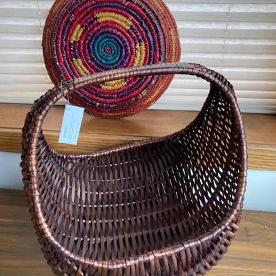 LOT 135X: Collection of Decorative Gourds, Boho Flat Baskets, Wall Art and Kakadu Hand Painted Wooden Scoop